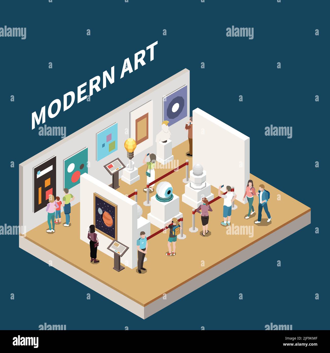 Modern art isometric background with people viewing paintings at