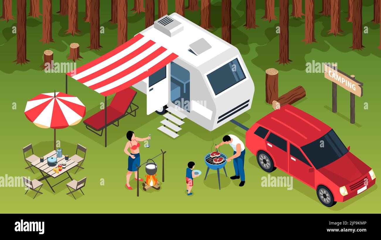 Isometric family trip horizontal composition with outdoor forest ...