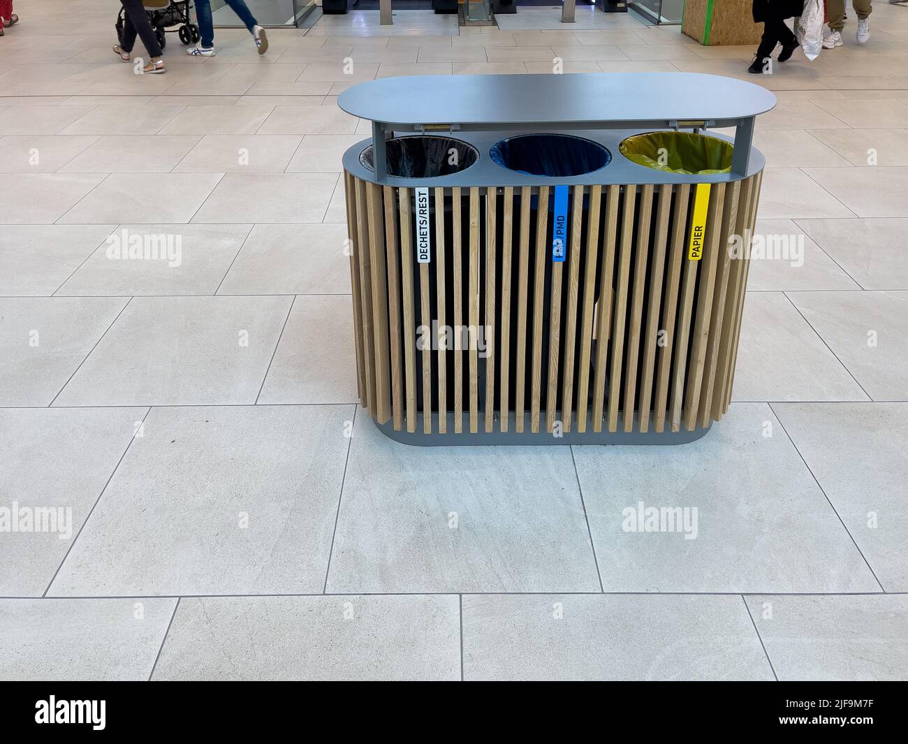 Modern recycling trash bins inside Westland shopping center in