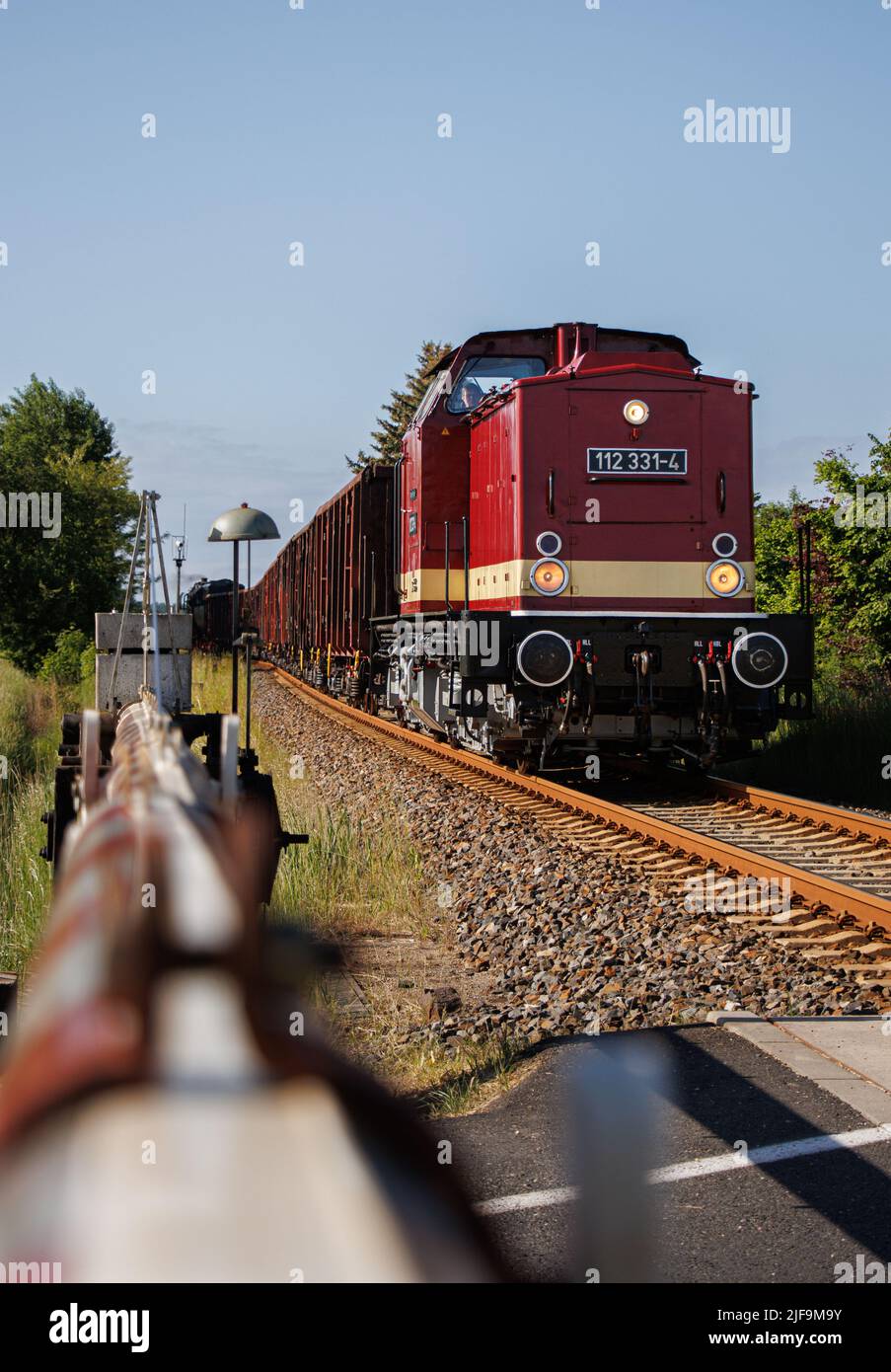 Freight Train pulled by old Diesel Loco Stock Photo