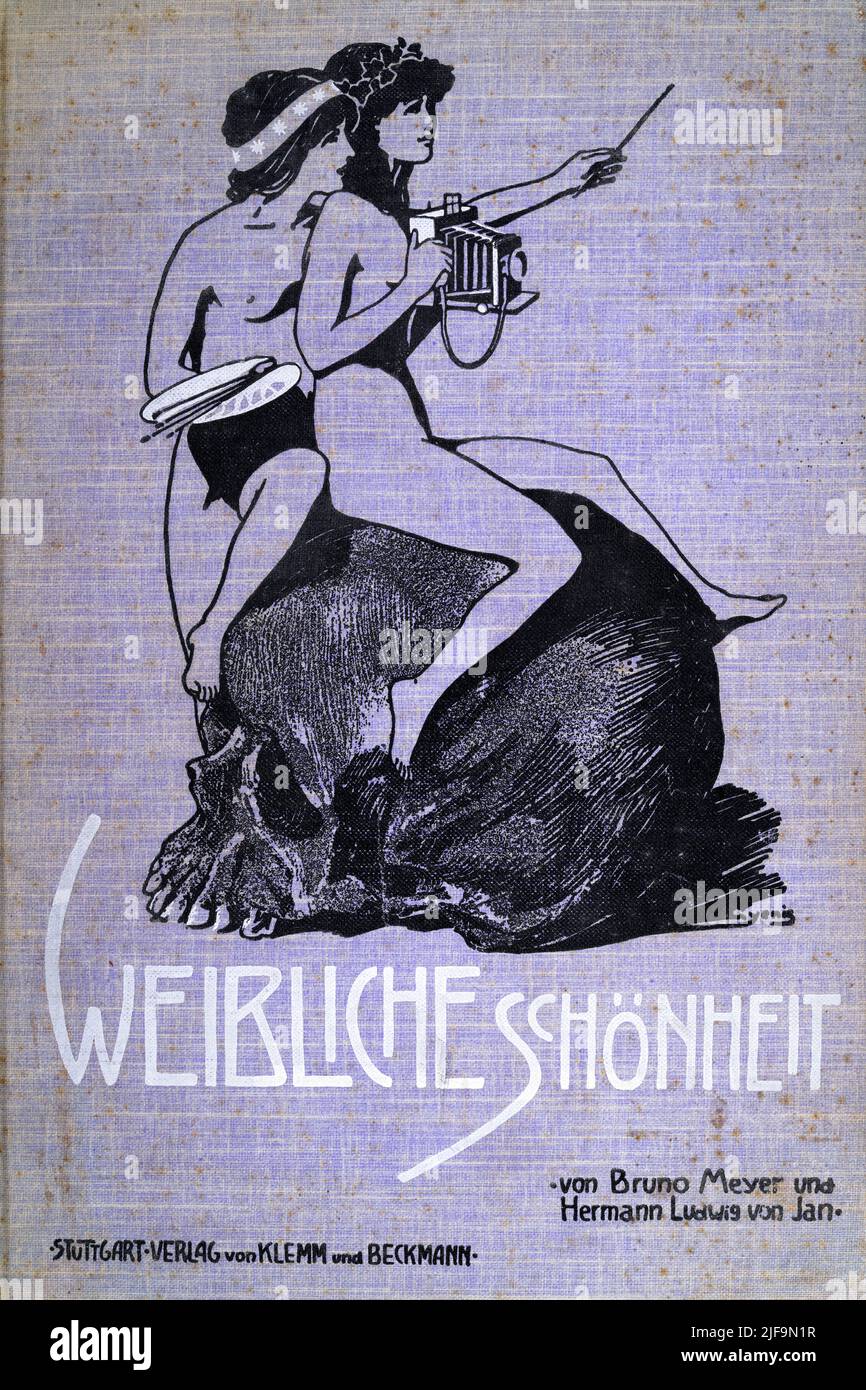 Art Nouveau book cover, Nude women sitting on skull, holding camera and artists palette, 1900s, Female Beauty: Critical Reflections on the Representation of the Naked in Painting and Photography. Weibliche Schönheit: Kritische Betrachtungen über die Darstellung des Nackten in Malerei und Photographie Stock Photo