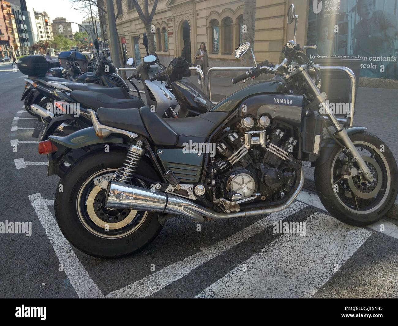 Classic black custom motorbike in the street. Yamaha Vmax Stock Photo