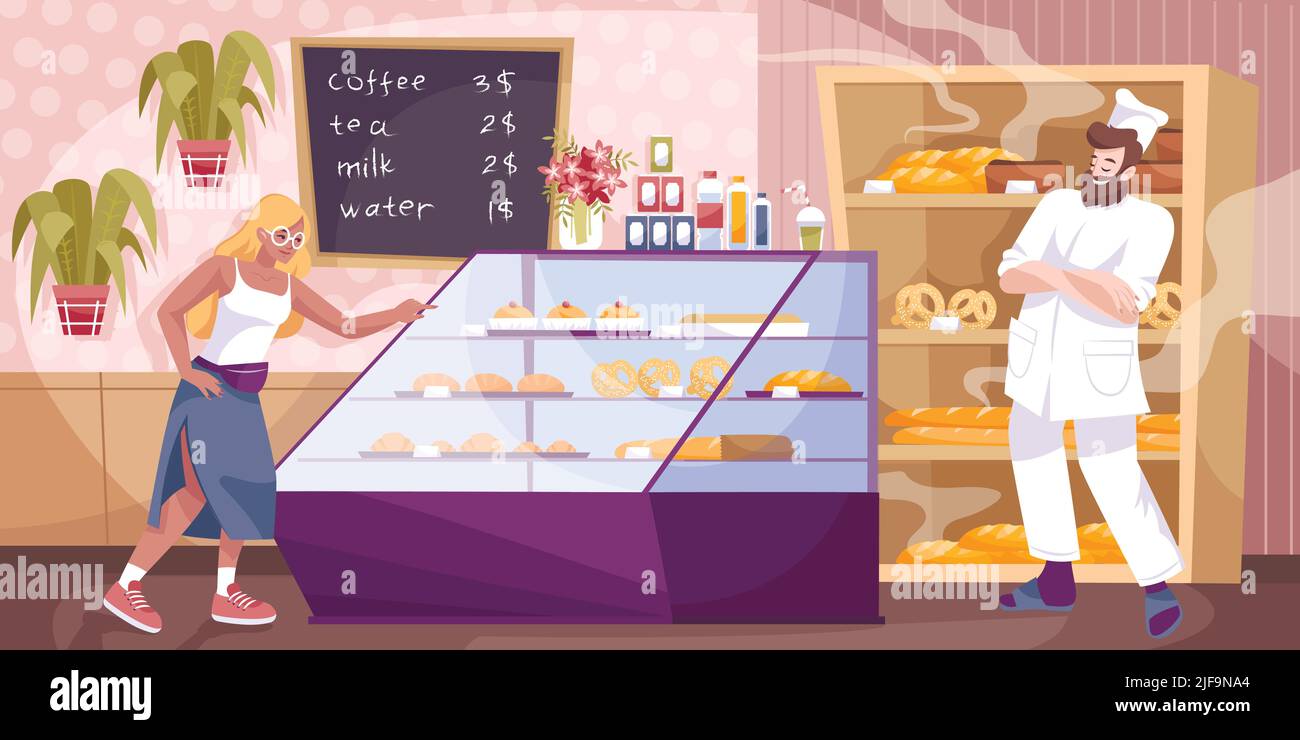 Bakery shop composition with flat human characters and indoor scenery