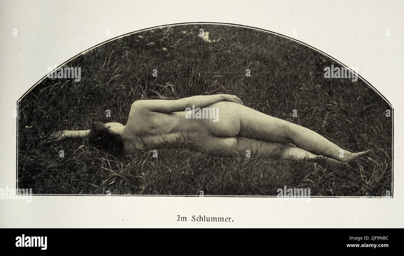 Early vintage photograph of a nude woman laid down in grass, from behind, German, 1900s. Study of female beauty. Im Schlummer, In slumber Stock Photo
