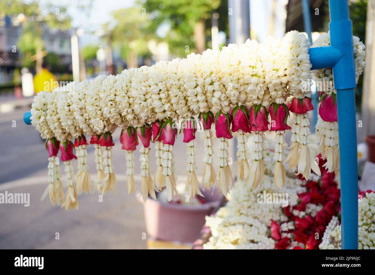 Fresh Jasmine mixed with red rose and crown flower garland hanging for sale at retail Stock Photo