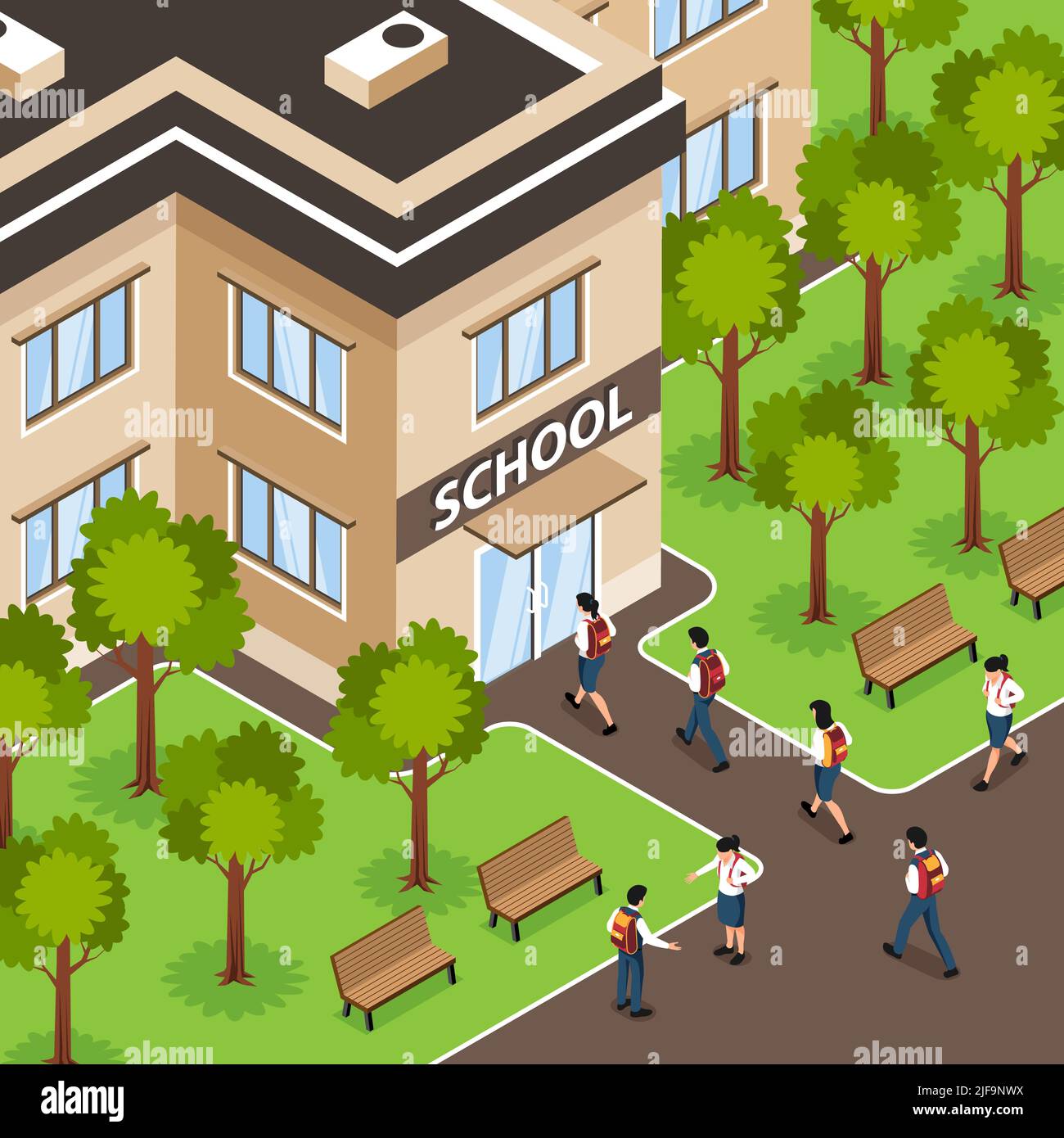Isometric school composition with outdoor scenery and building facade with entrance and walking pupils with backpacks vector illustration Stock Vector