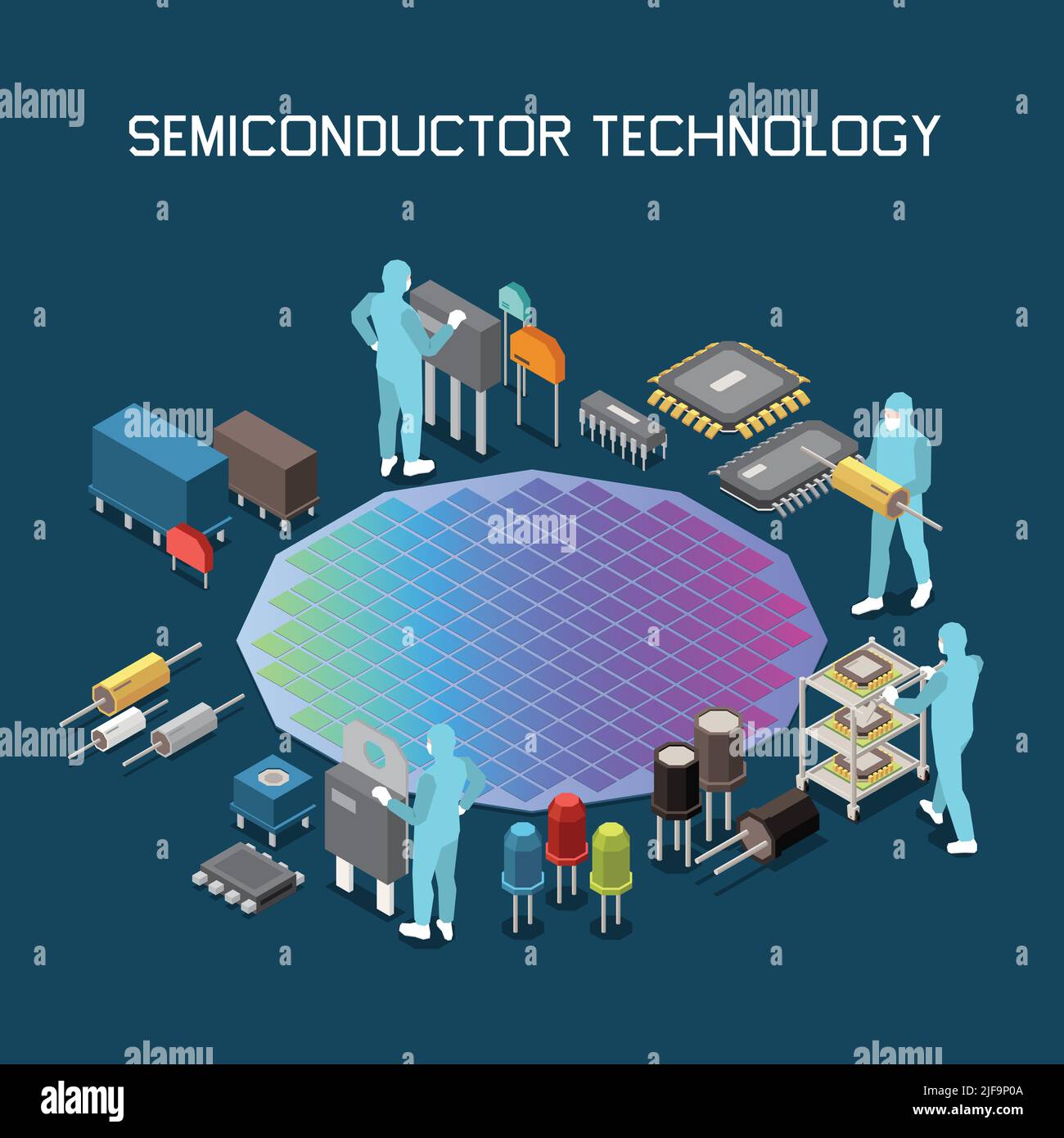 Semiconductor chip production isometric composition with editable text and gradient colored silicon wafer with circuit icons vector illustration Stock Vector