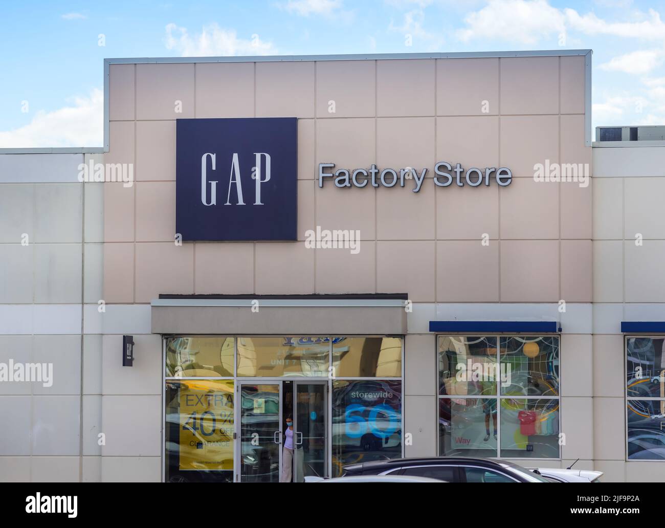 GAP banner Factory Outlet, Chain Lake Drive, Halifax, GAP is an American worldwide clothing and accessories retailer. HALIFAX, CANADA - JUNE 2022 Stock Photo