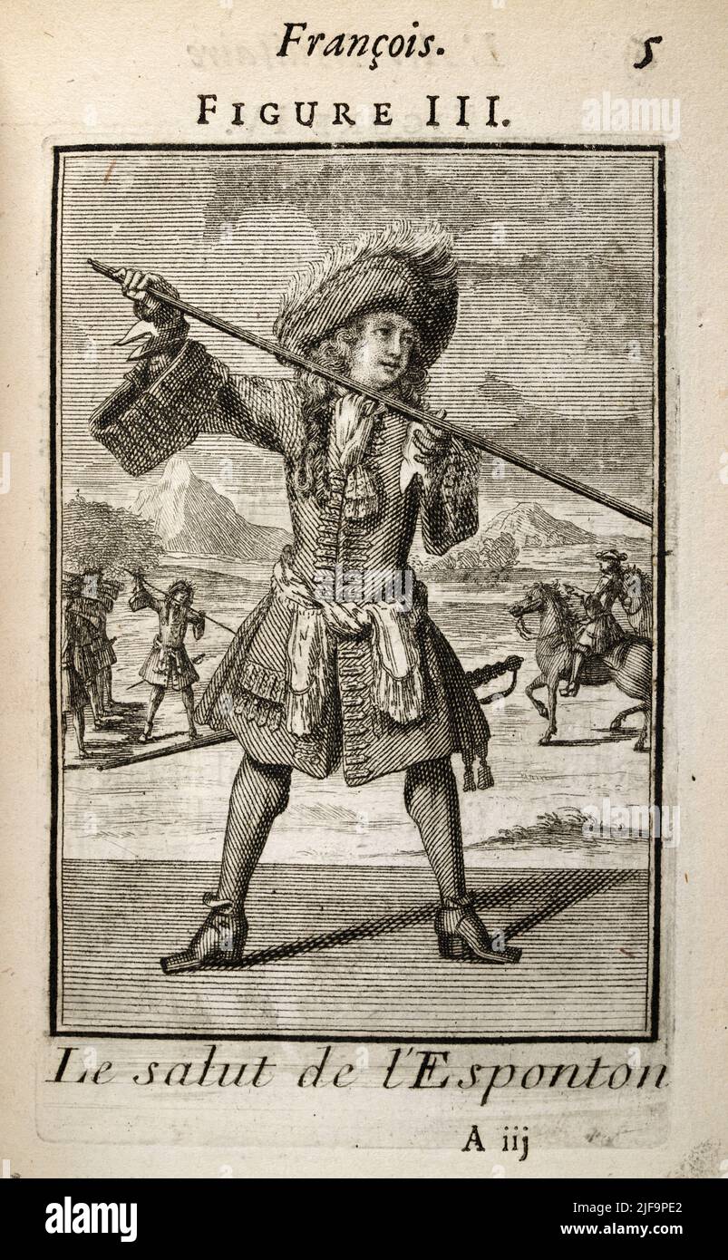 Vintage military instruction manual Soldier performing a salute with a Spontoon, Pole arm, Half Pike, L'Art Militaire François, French Military Art , Stock Photo