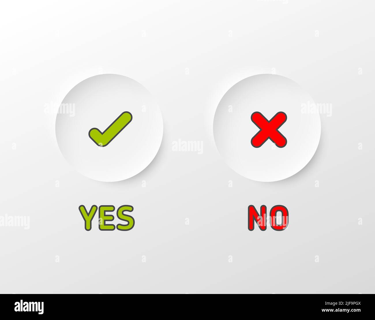Set of fresh minimalist icons for various status - yes, no, accept, cancel in light relief circles on light gray gradient background - green and red c Stock Vector