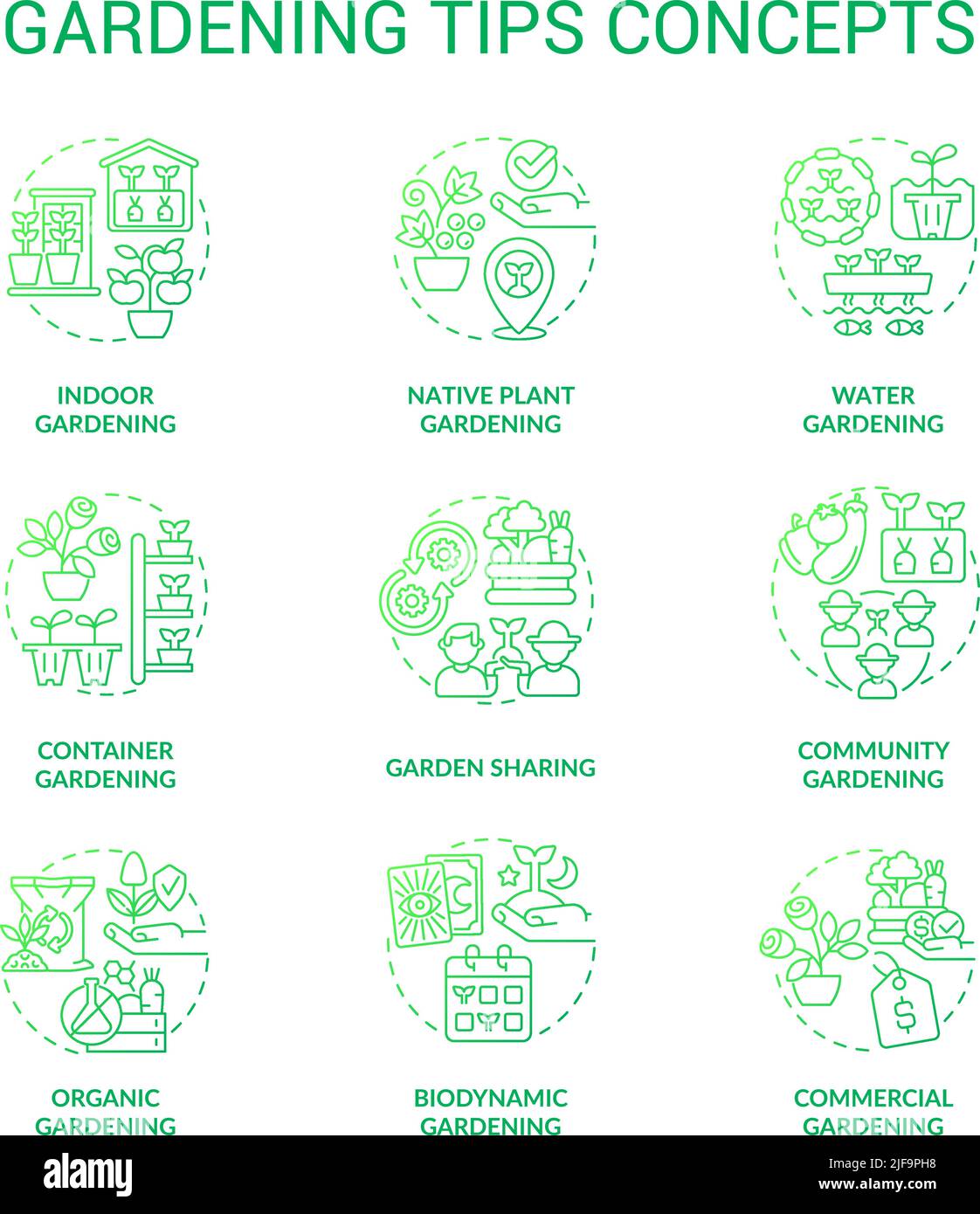 Gardening tips green gradient concept icons set Stock Vector
