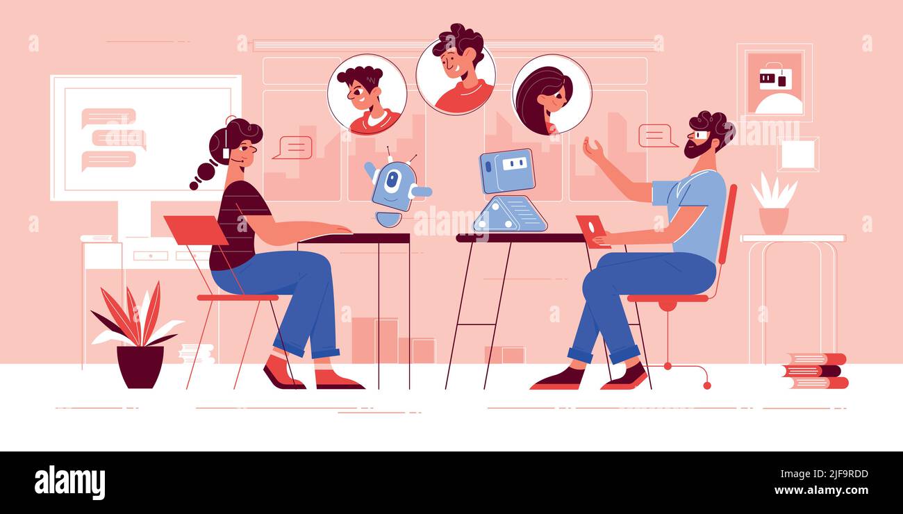 Modern family using artificial intelligence chatbot support service answering questions resolving problems flat horizontal composition vector illustra Stock Vector