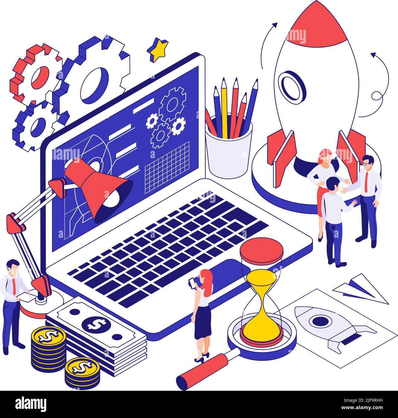 Business startup isometric design concept with hi tech program app on ...