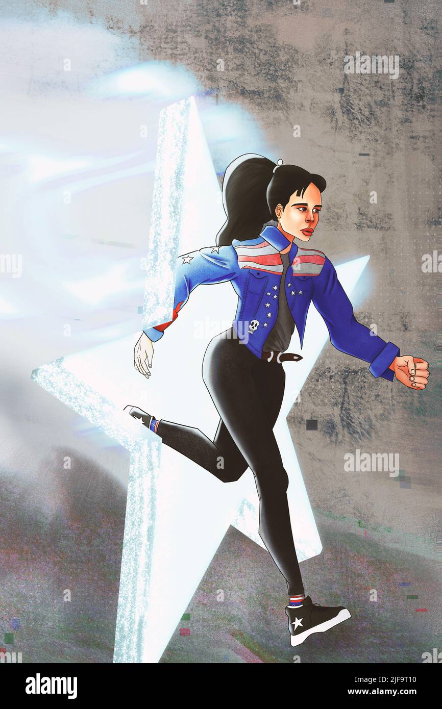 1 July 2022; Dubai, UAE; Illustrated portrait of America Chavez running through a star-shaped portal in an urban outfit.   FOR EDITORIAL USE ONLY. Stock Photo