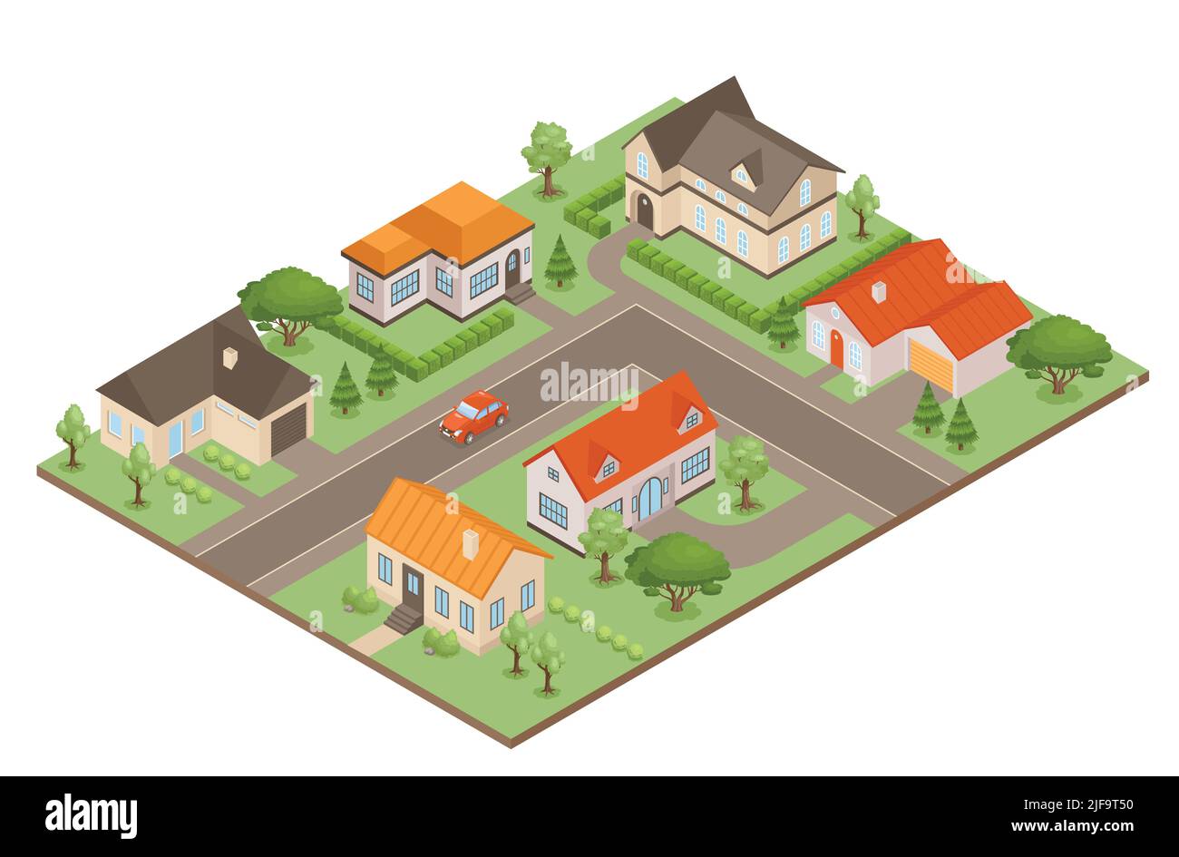 Town street with private houses and gardens 3d isometric vector ...