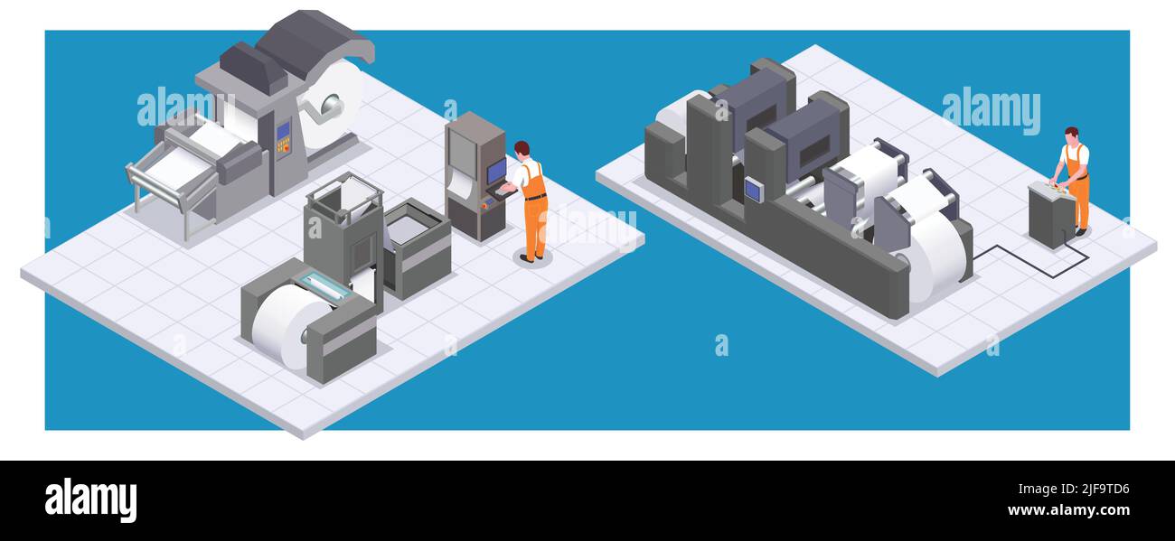 Printing house isometric composition with set of two platforms with