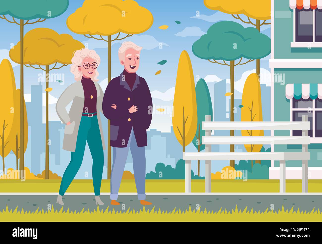 Elderly senior couple walking hand in hand outdoor cartoon composition autumn weather city background vector illustration Stock Vector