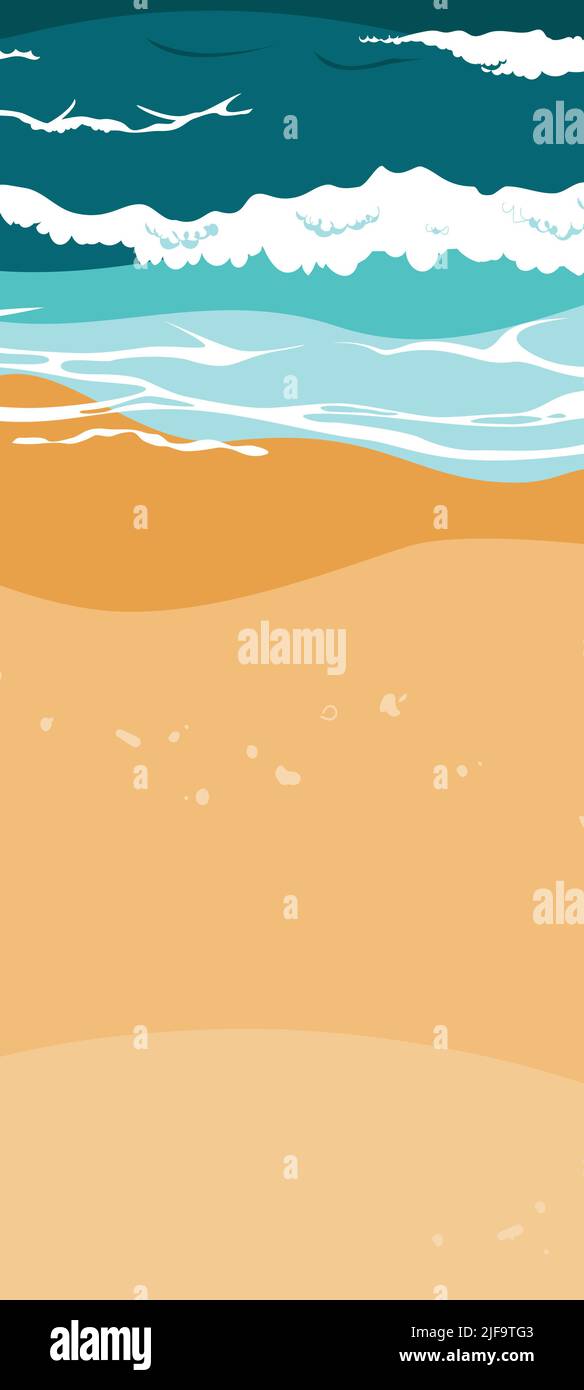 High angle view of summer beach landscape with sea waves and sand. Foamy waves runs over the sandy shore top view. Vertical background for flyers Stock Vector