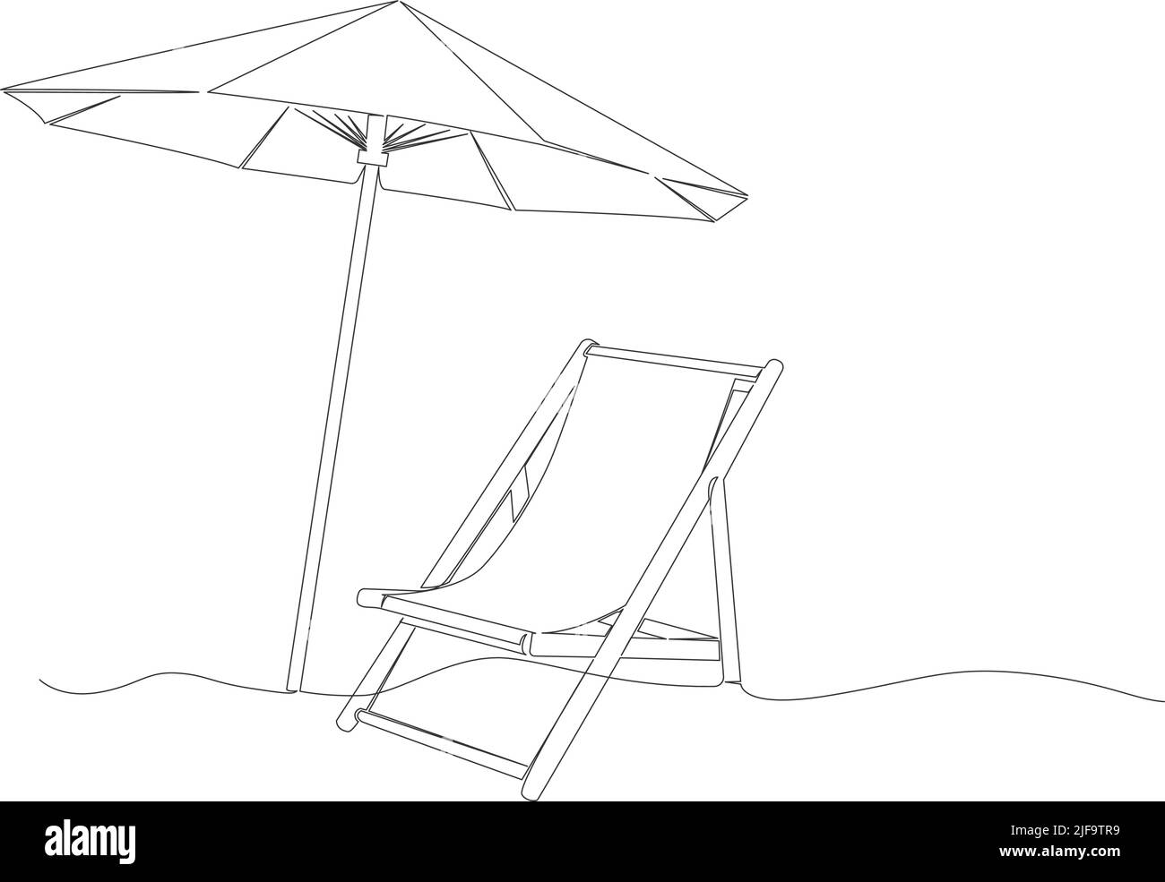 sinlge line drawing of parasol and beach chair isolated on white background, line art vector illustration Stock Vector