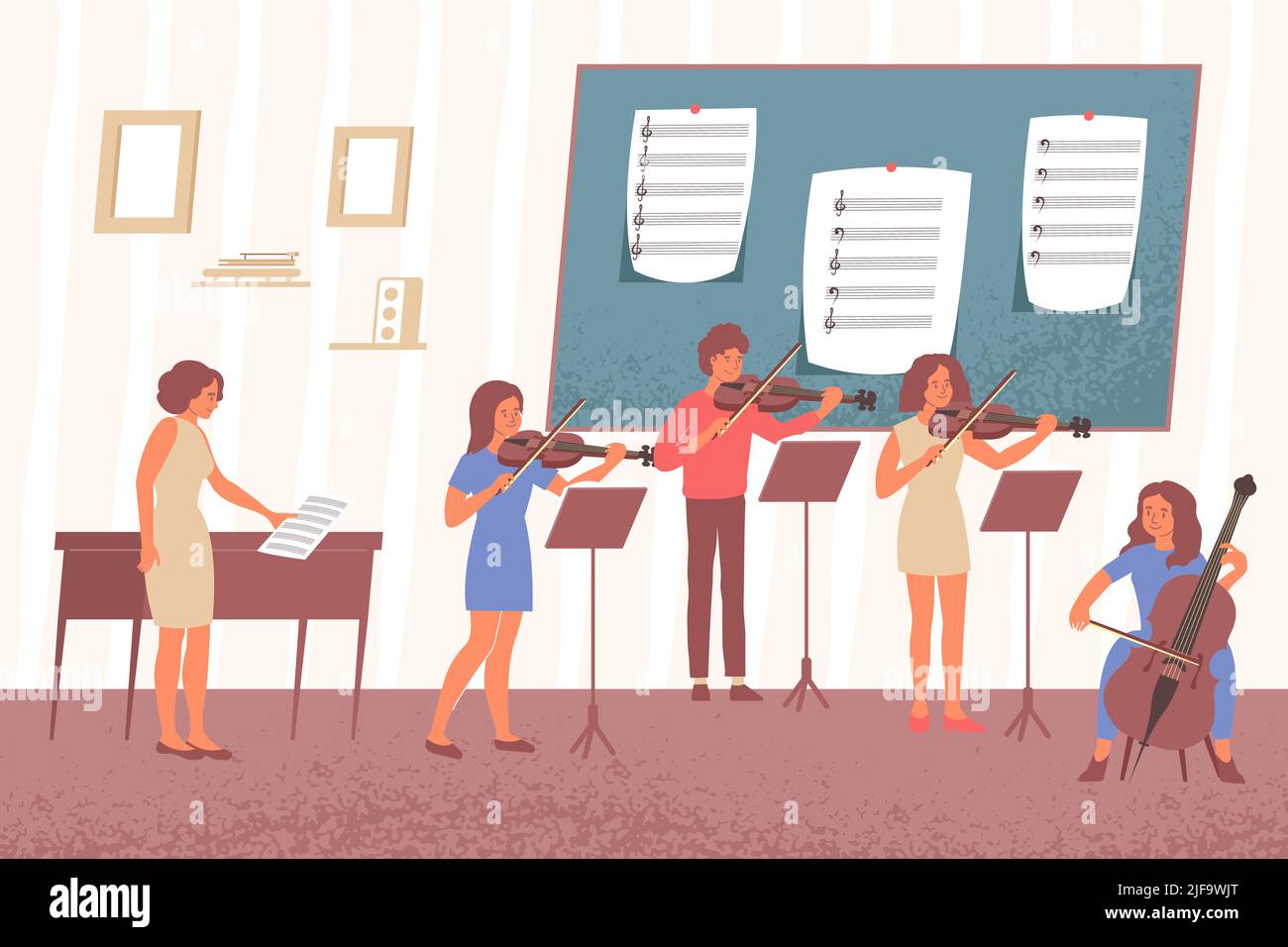 Learning music notes flat composition with indoor scenery of academic