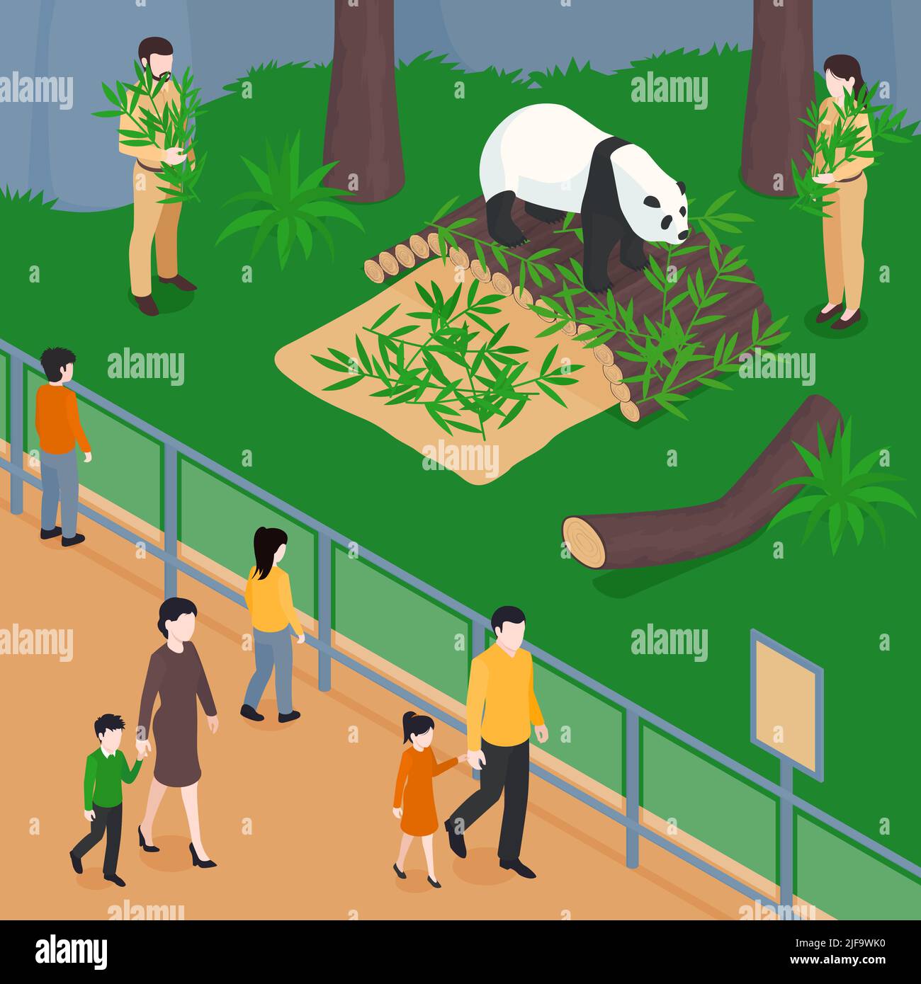 Isometric zoo composition with view of panda park with bamboo leaves ...