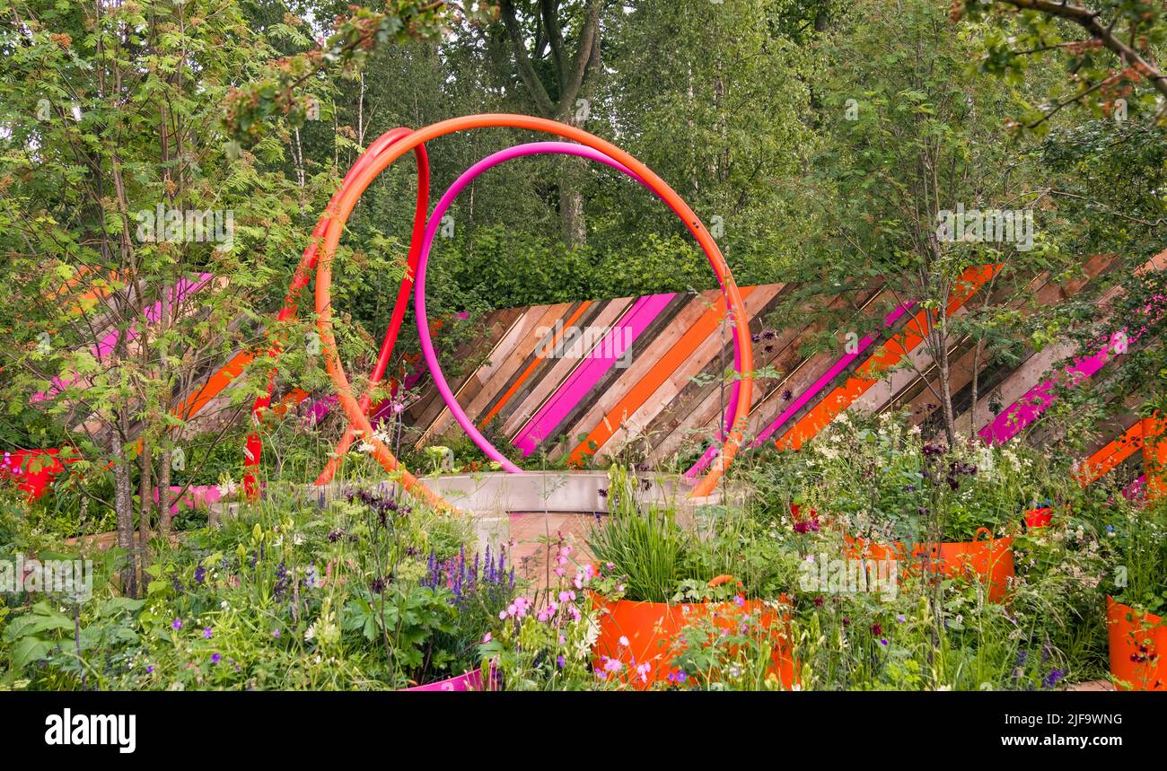 The St Mungo's Putting Down Roots Garden at the Chelsea Flower Show 2022, London.  Designed by Cityscapes Darryl Moore and Adolfo Harrison. Stock Photo