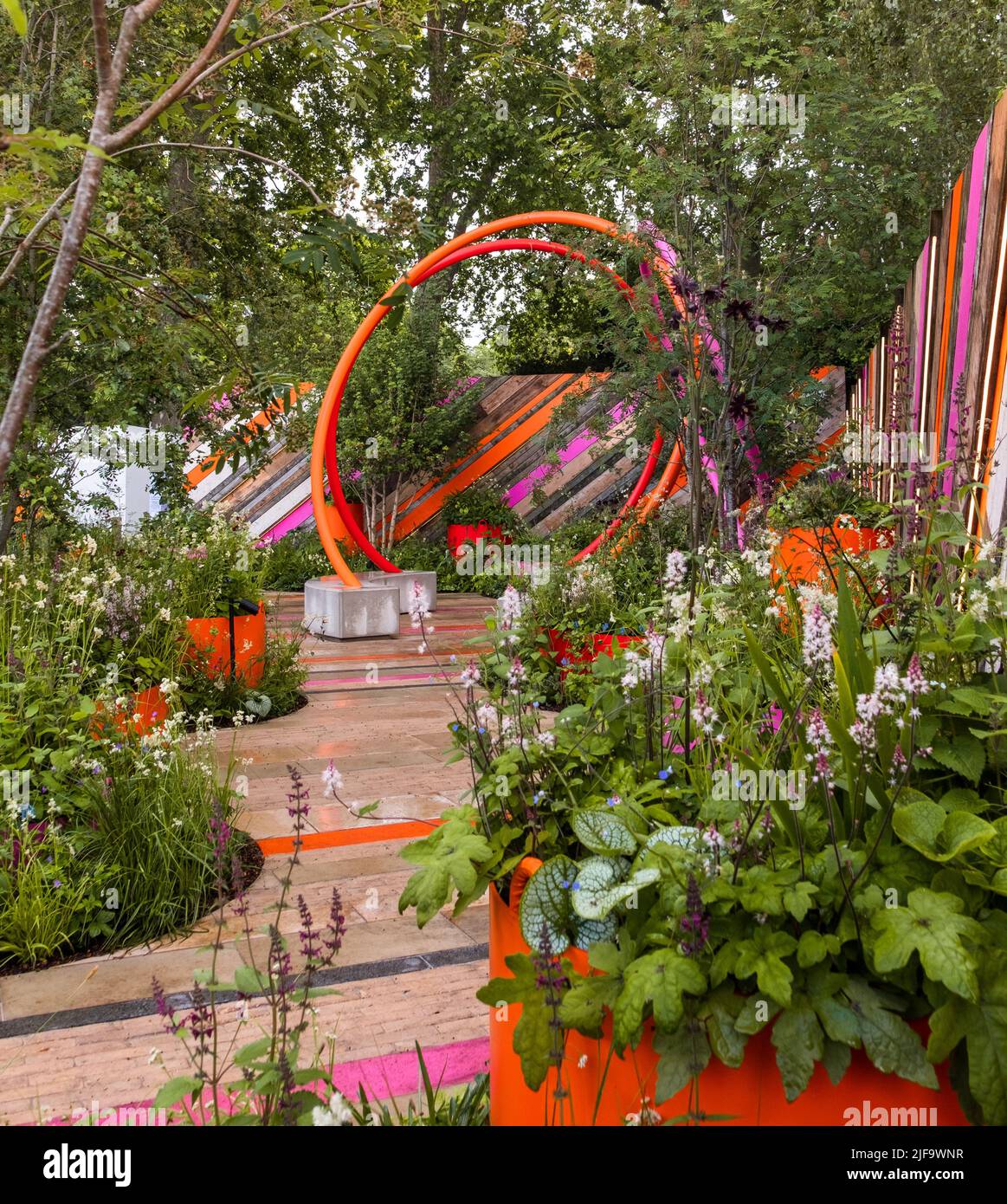 The St Mungo's Putting Down Roots Garden at the Chelsea Flower Show 2022, London.  Designed by Cityscapes Darryl Moore and Adolfo Harrison. Stock Photo