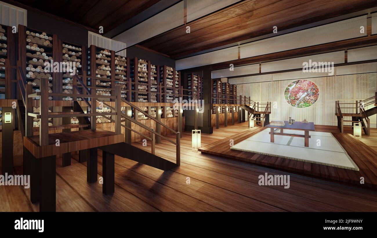 3D Rendering of an Ancient Chinese Bamboo Scroll Book Library Stock Photo