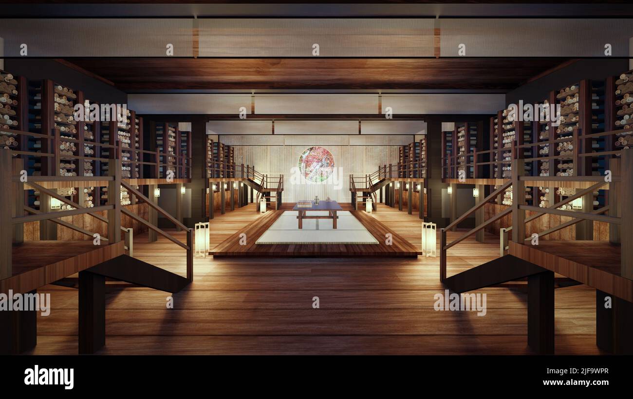 3D Rendering of an Ancient Chinese Bamboo Scroll Book Library Stock Photo