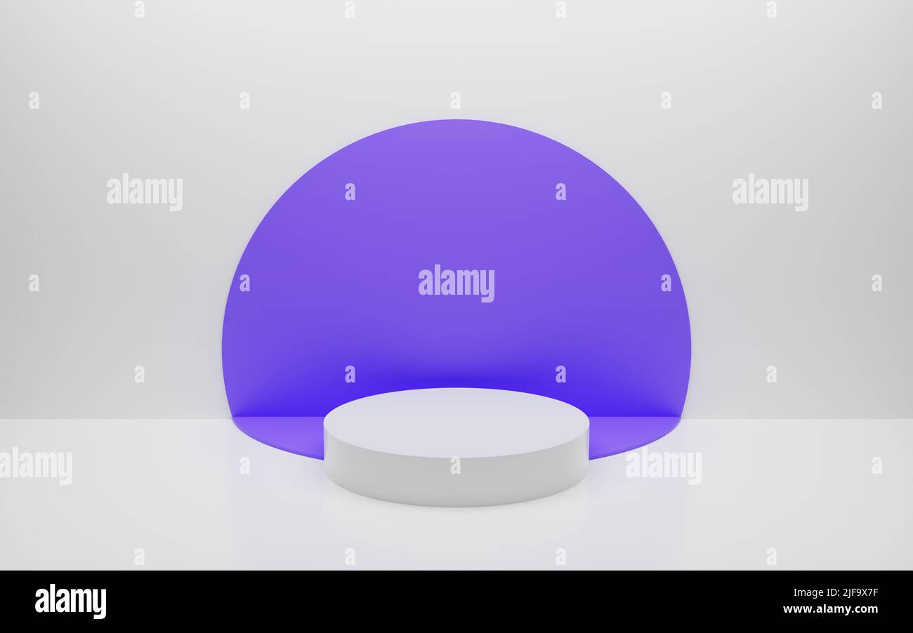 Abstract minimal empty podium with circle details on the wall. Empty room concept with half semi circle on natural lighting. Rendering 3d shape, produ Stock Photo