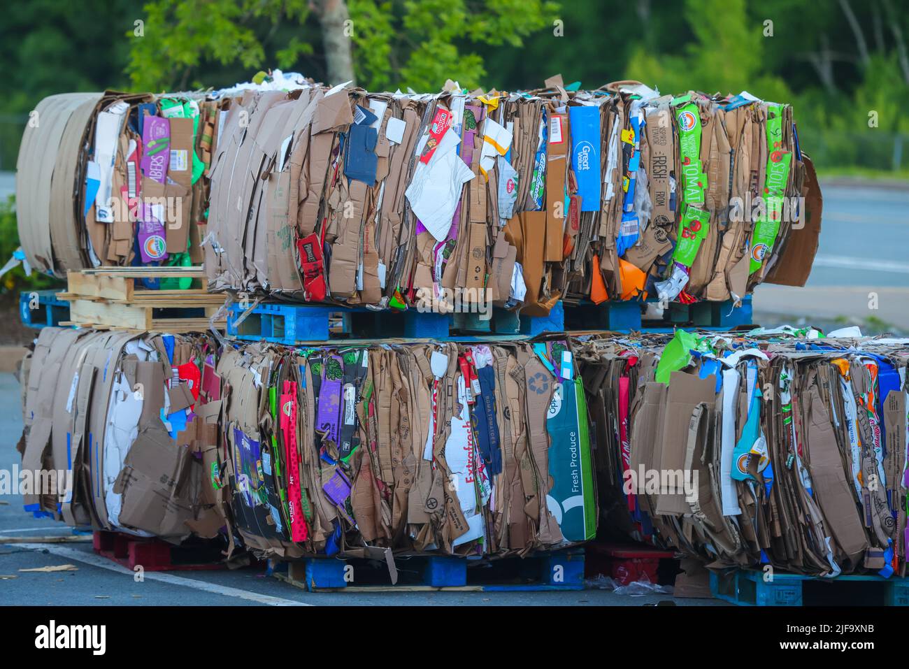 Recycling cardboard packaging concept with stacks of compressed