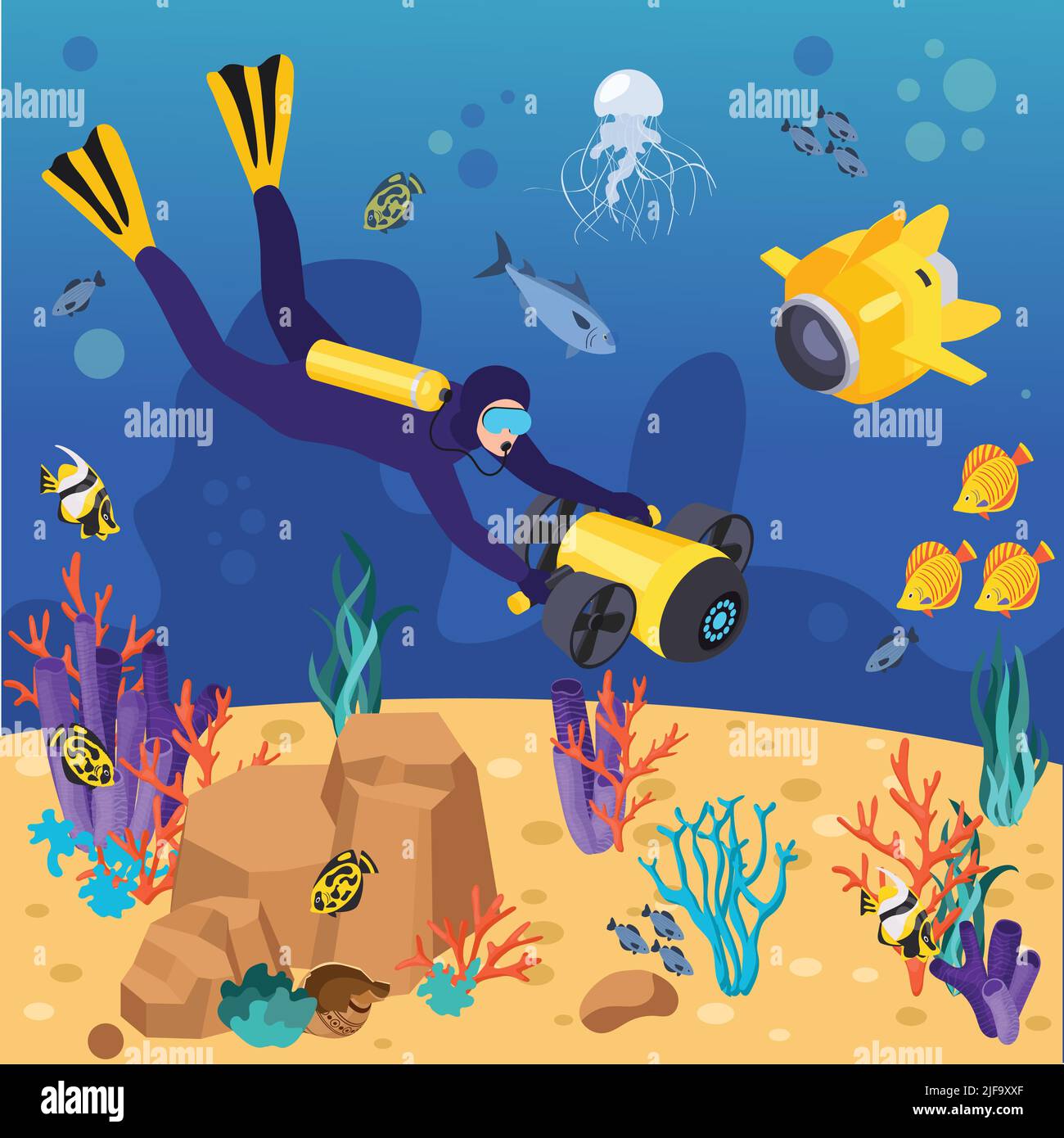 Underwater vehicles machines equipment isometric composition diver explores the seabed with underwater equipment vector illustration Stock Vector