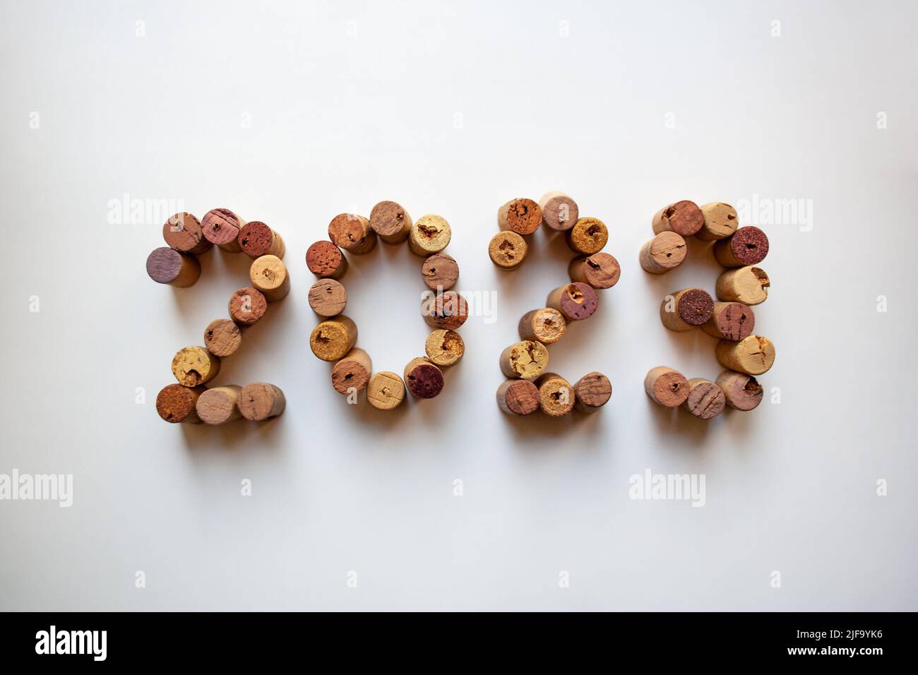 Wine corks 2023 composition isolated on white background from a high angle view Stock Photo