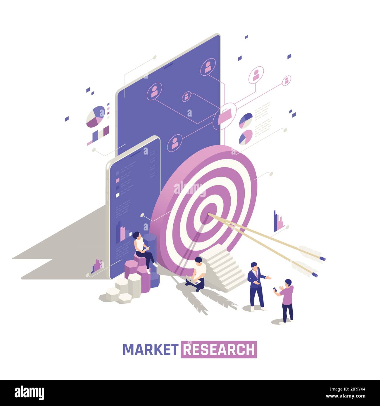 Market research isometric design concept with arrows in the center of ...