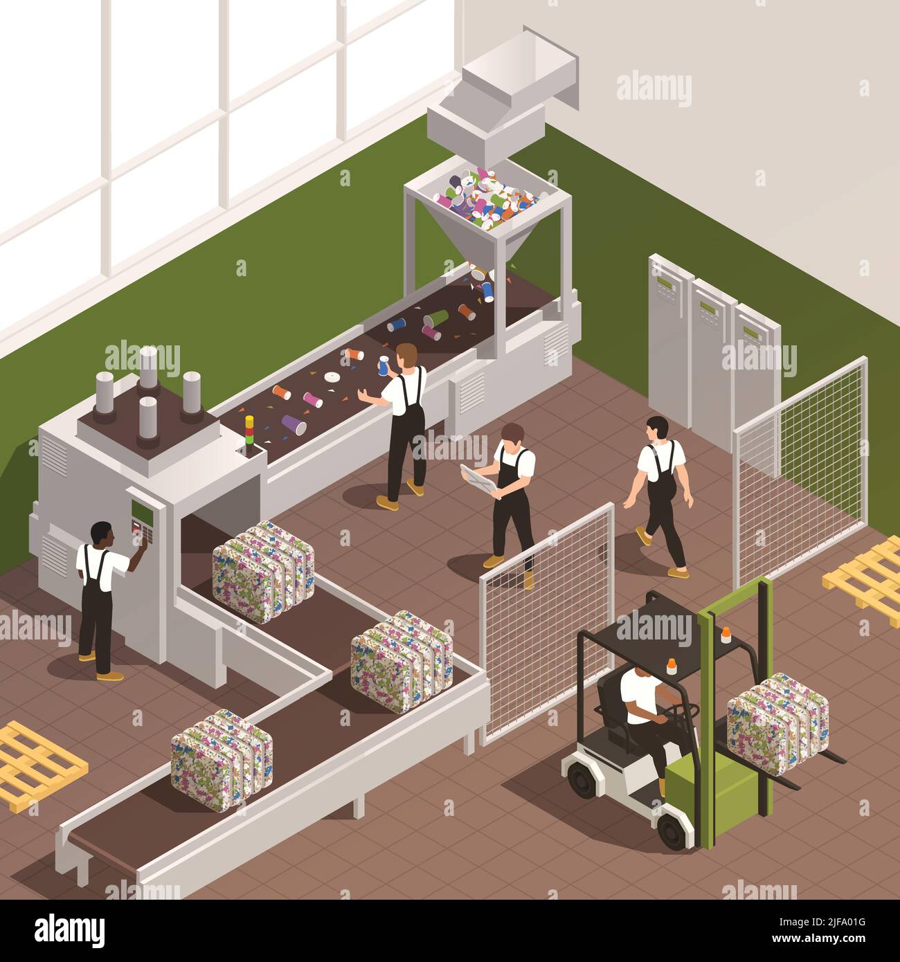 Garbage sorting isometric background with staff working on conveyor of ...
