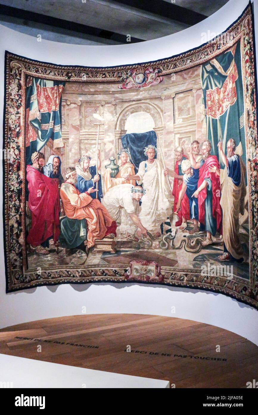 MUCEM Marseille : Pharaons Super Stars - Manufacture des Gobelins,tapestry 'La verge changée en serpent' 1683 - The history of Moses - after a model of Nicolas POUSSIN (1594-1665) Stock Photo