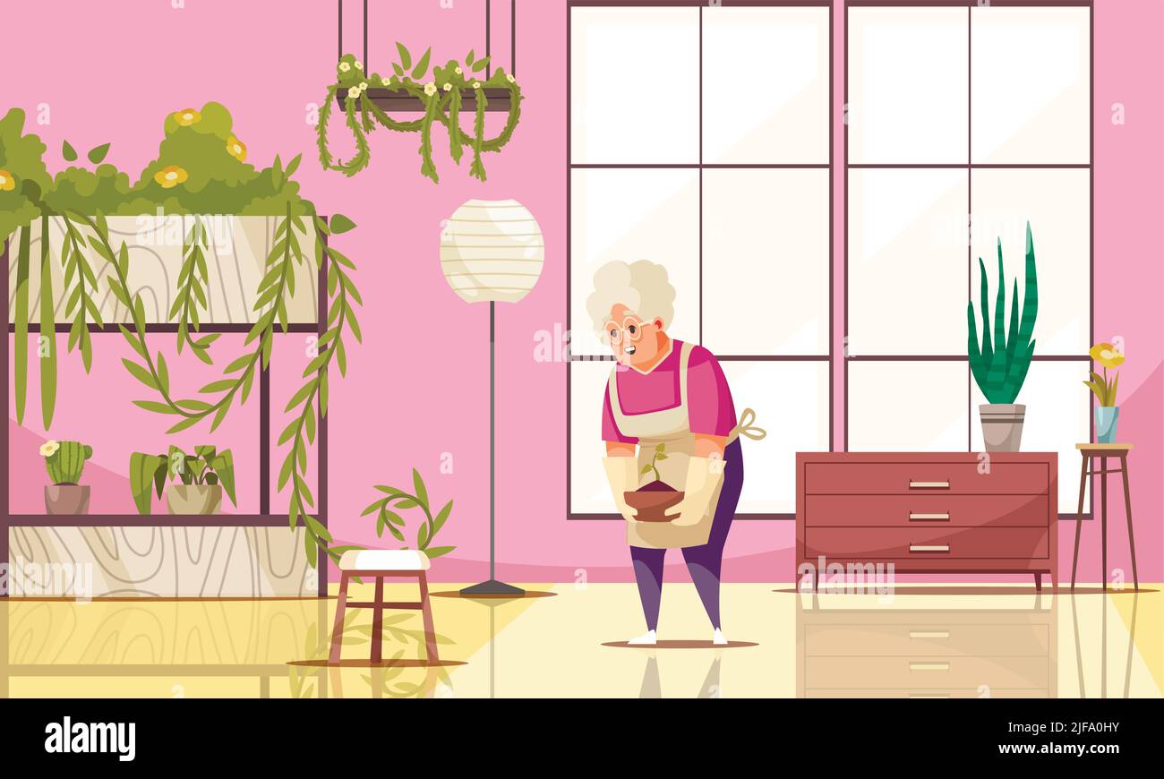Home interior with houseplants and elderly woman cultivating potted plant flat vector illustration Stock Vector