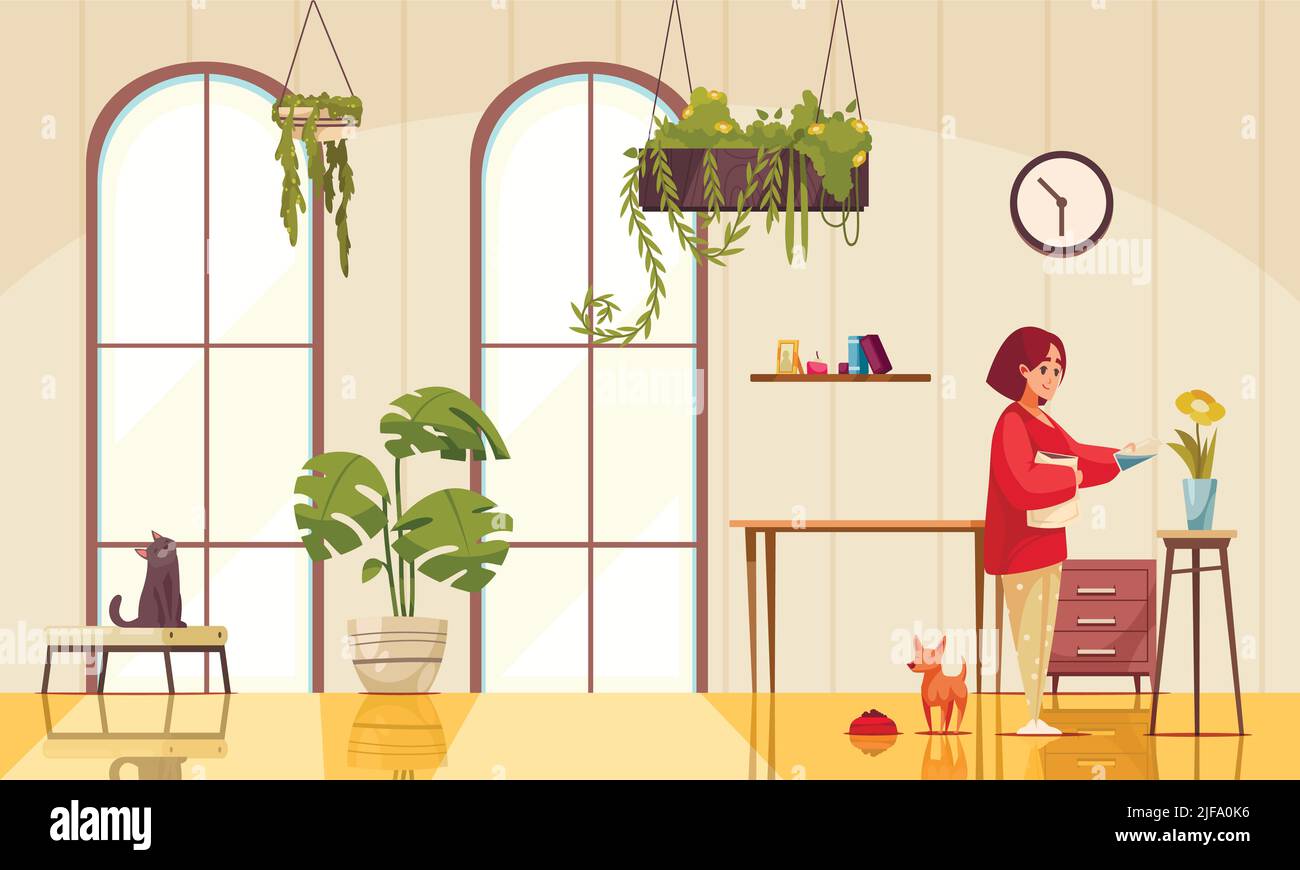 Interior with home plants and woman watering flowers in vase flat ...