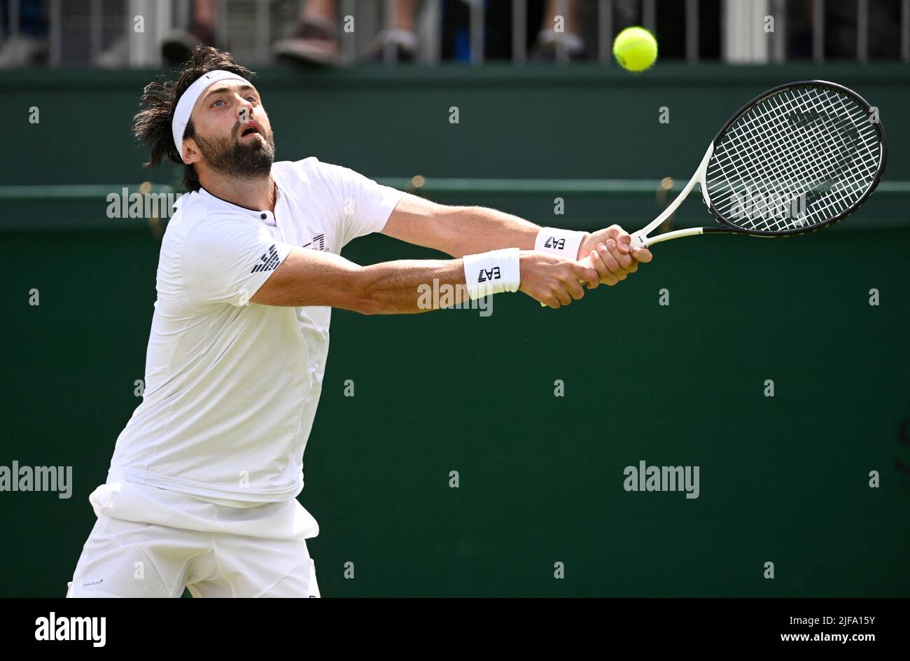 Tennis - Wimbledon - All England Lawn Tennis and Croquet Club, London, Britain - July 1, 2022  Georgia's Nikoloz Basilashvili in action during his third round match against Netherlands' Tim van Rijthoven REUTERS/Toby Melville Stock Photo