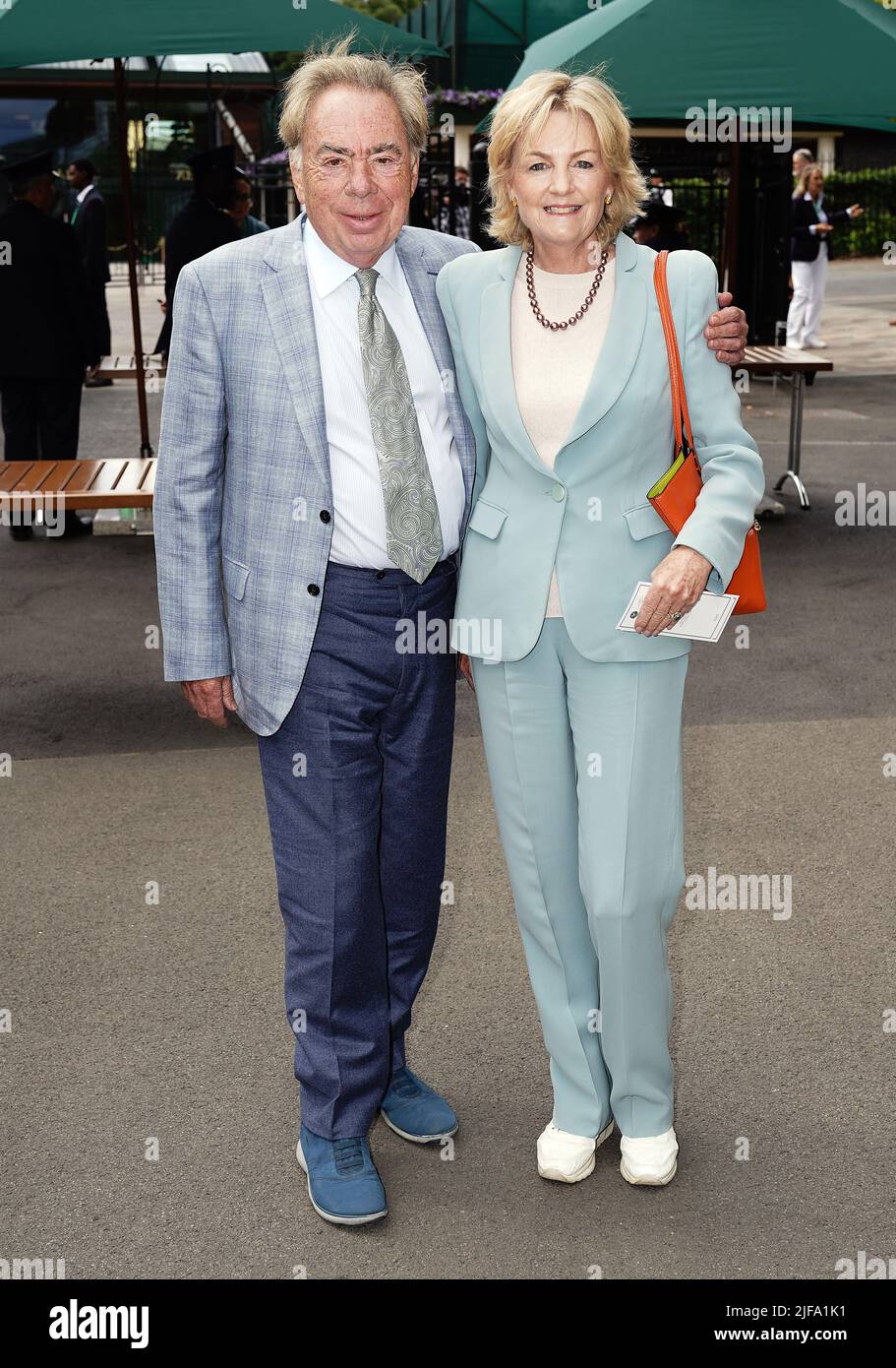 Andrew Lloyd Webber (left) and wife Madeleine Gurdon during day five of the 2022 Wimbledon Championships at the All England Lawn Tennis and Croquet Club, Wimbledon. Picture date: Friday July 1, 2022. Stock Photo