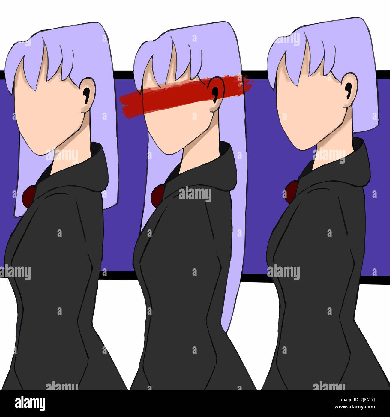Illustration art of a girl without a face with different purple hair in black clothes Stock Vector