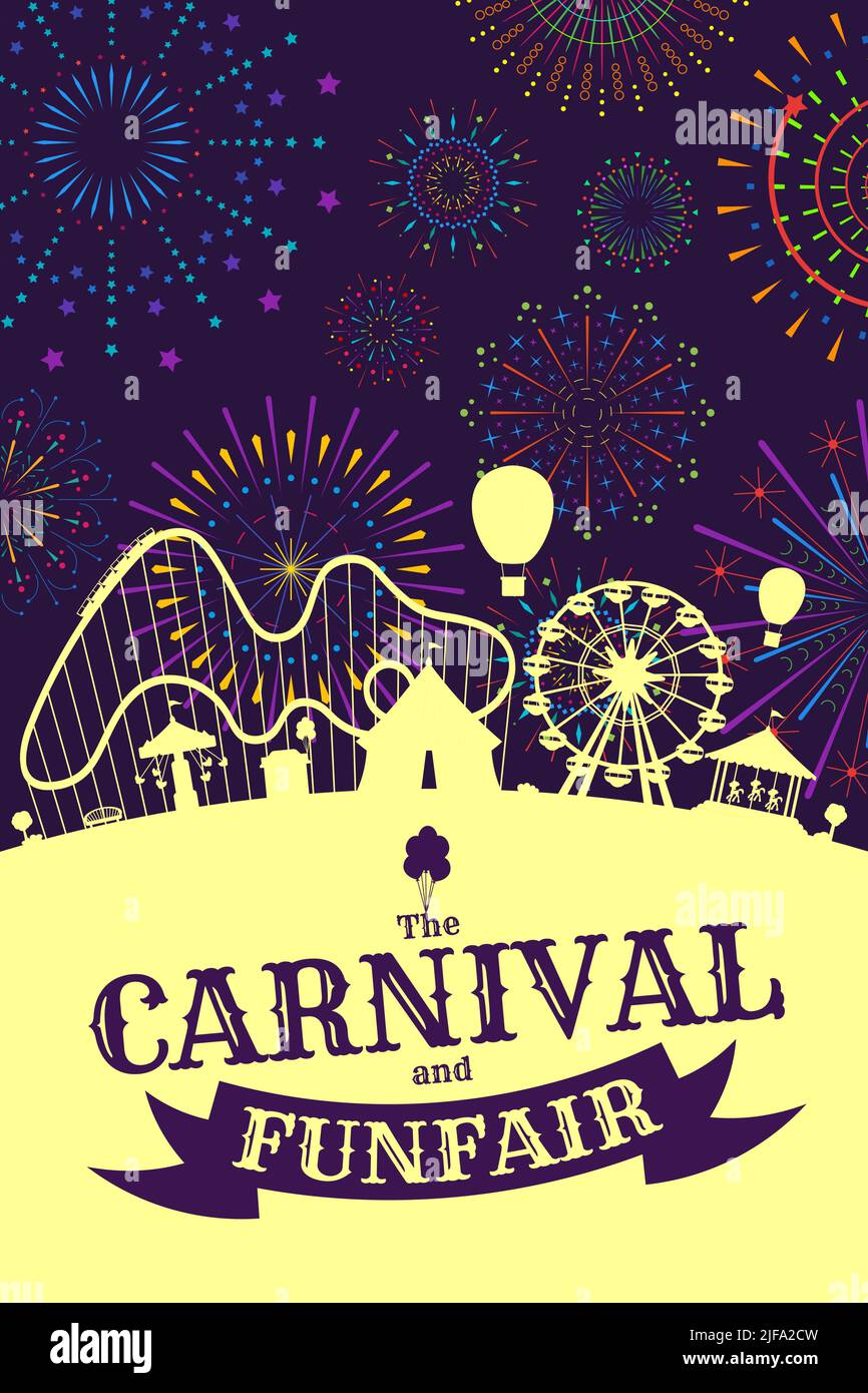 Carnival funfair banner with firework on night sky. Amusement park with