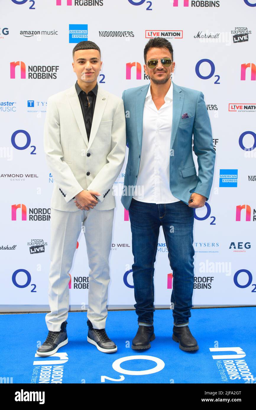 London, UK. 1st July, 2022. Junior Savva Andreas Andre and Peter Andre attending the Nordoff Robbins O2 Silver Clef Awards at the Grosvenor House Hotel, London. Picture date: Friday July 1, 2022. Photo credit should read Credit: Matt Crossick/Alamy Live News Stock Photo