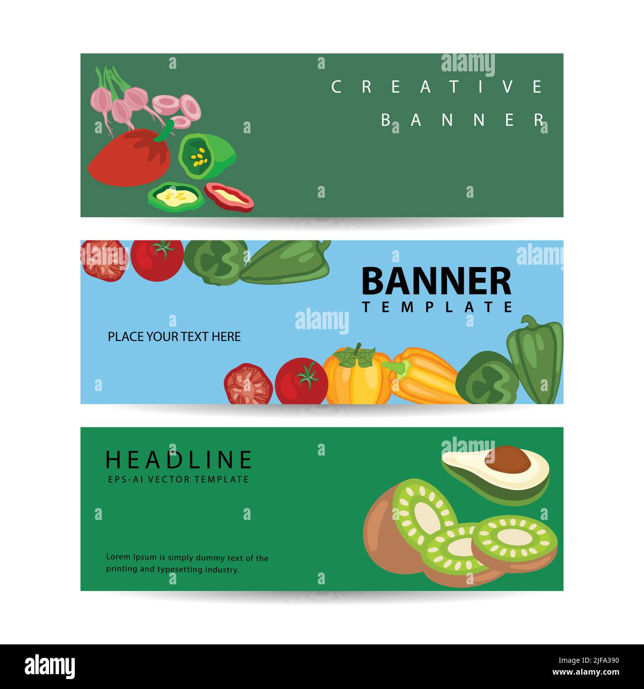 Set of three horizontal vegetable and fruits banners vector ...
