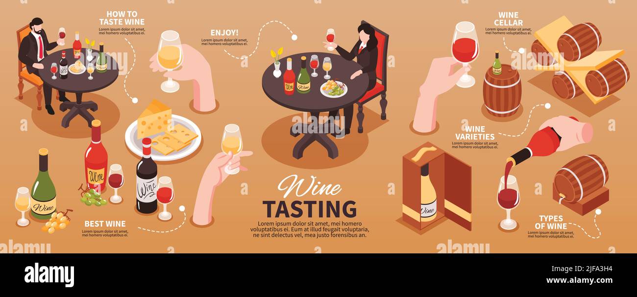 Wine tasting isometric infographics with glasses barrels bottles cheese ...