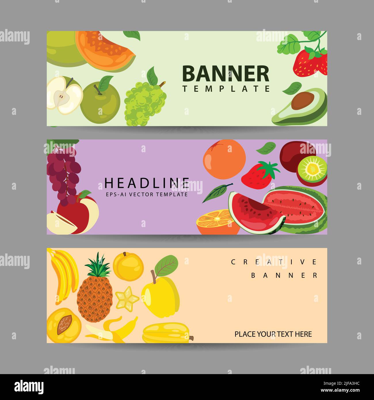 Set of fresh fruits horizontally sliced fruit banner vector ...