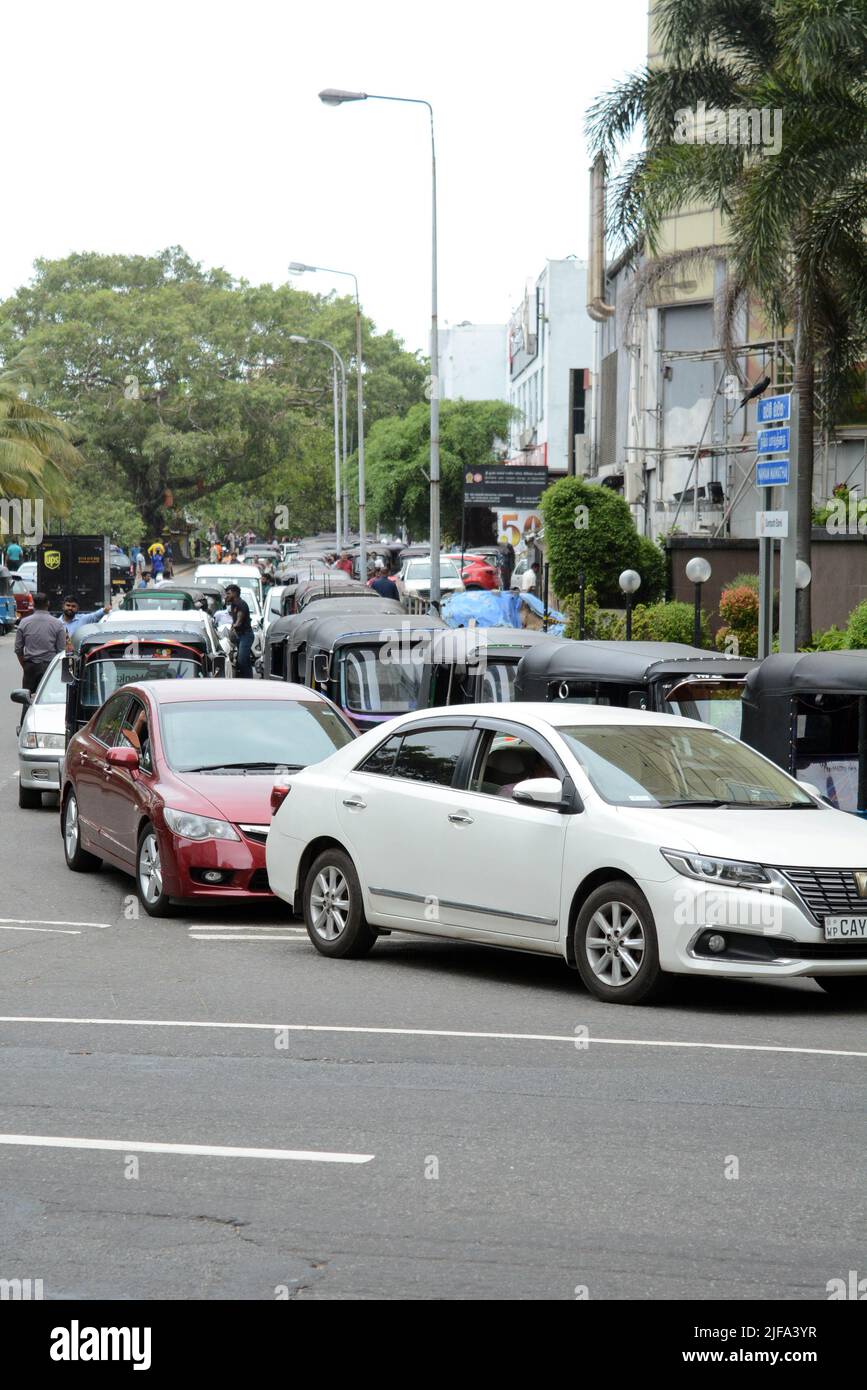 Colombo. 30th June, 2022. Vehicles wait to get fuel in Colombo, Sri Lanka on June 30, 2022, as