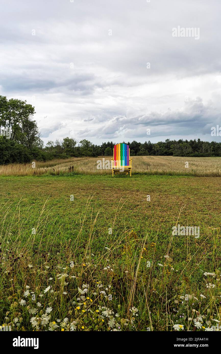 Yellow wooden chair, back painted in rainbow colours, standing in a meadow, oversized, dreary, rainy weather, Gotland Island, Sweden Stock Photo