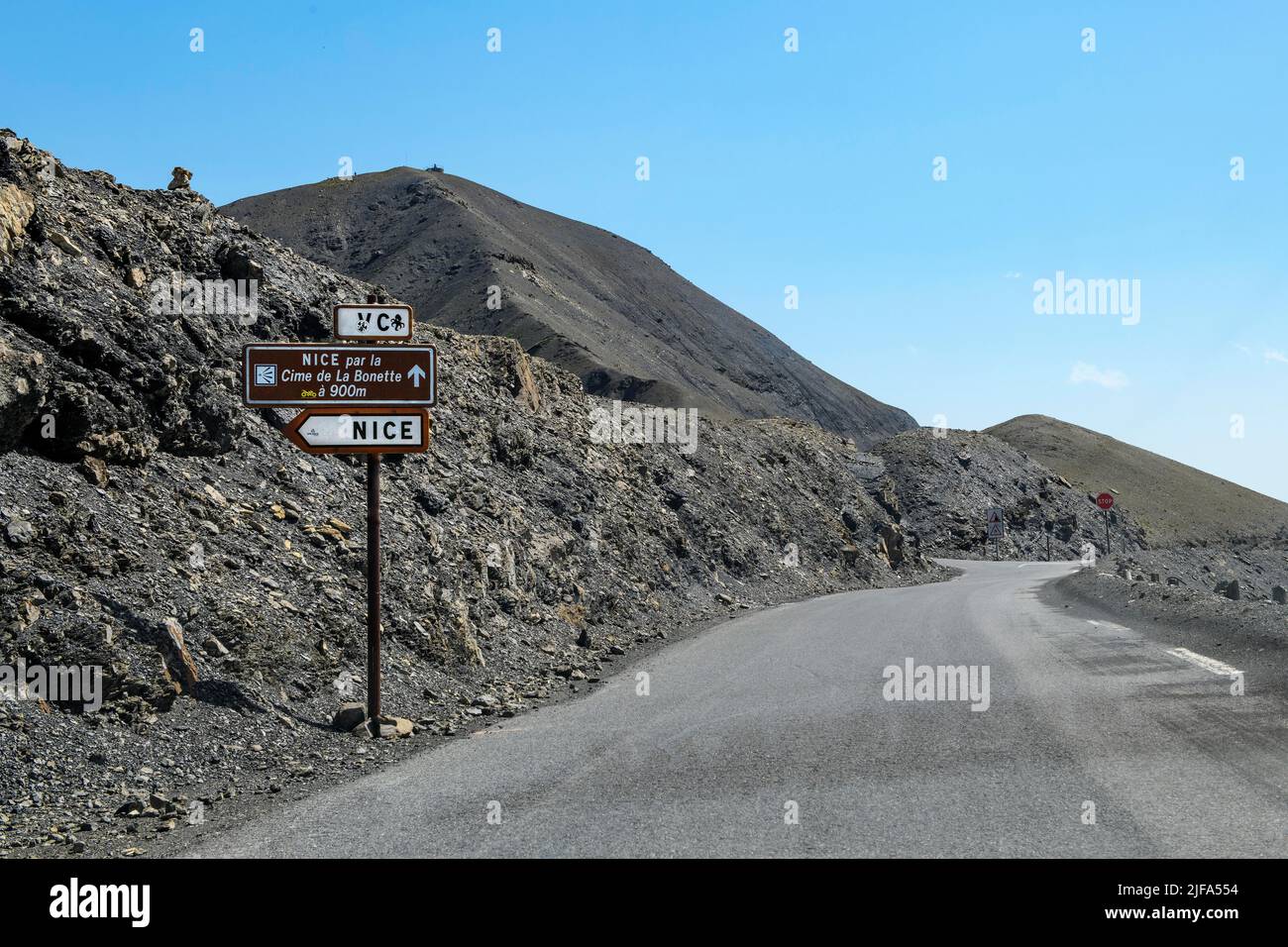 Pass road to Col de la Bonette, in the background 2802 metres highest ...