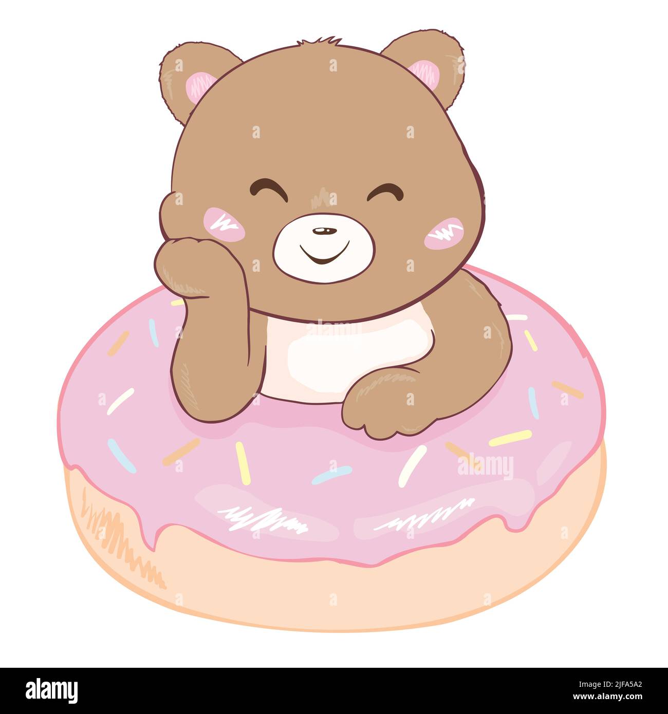 Cute Cartoon Teddy Bear with donut on a white background. Vector, illustration. Stock Vector